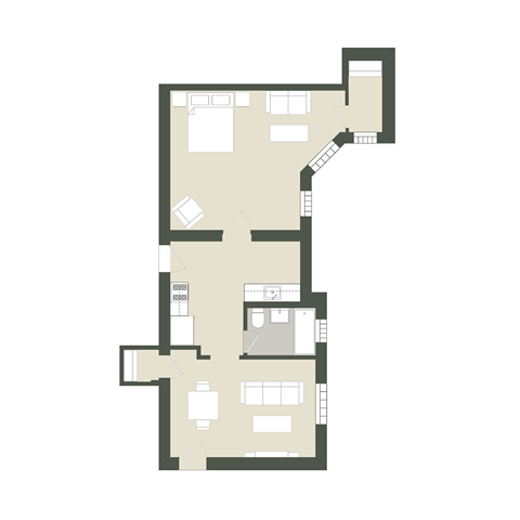 Floor plan for 1 bed, 1 bath, 772 sqft